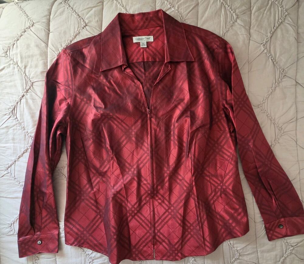 Coldwater Creek Red Taffeta Sheen Zipper Front Plaid Blouse Shirt Womens PXL